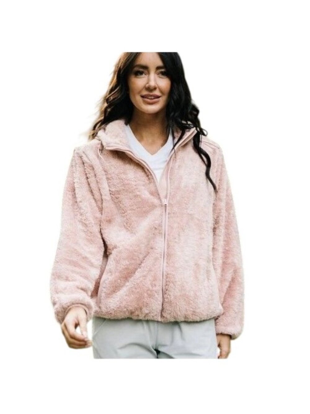 New Zyia Active Blush Sherpa Block Zipper Jacket Womens Size M Athleisure Pastel